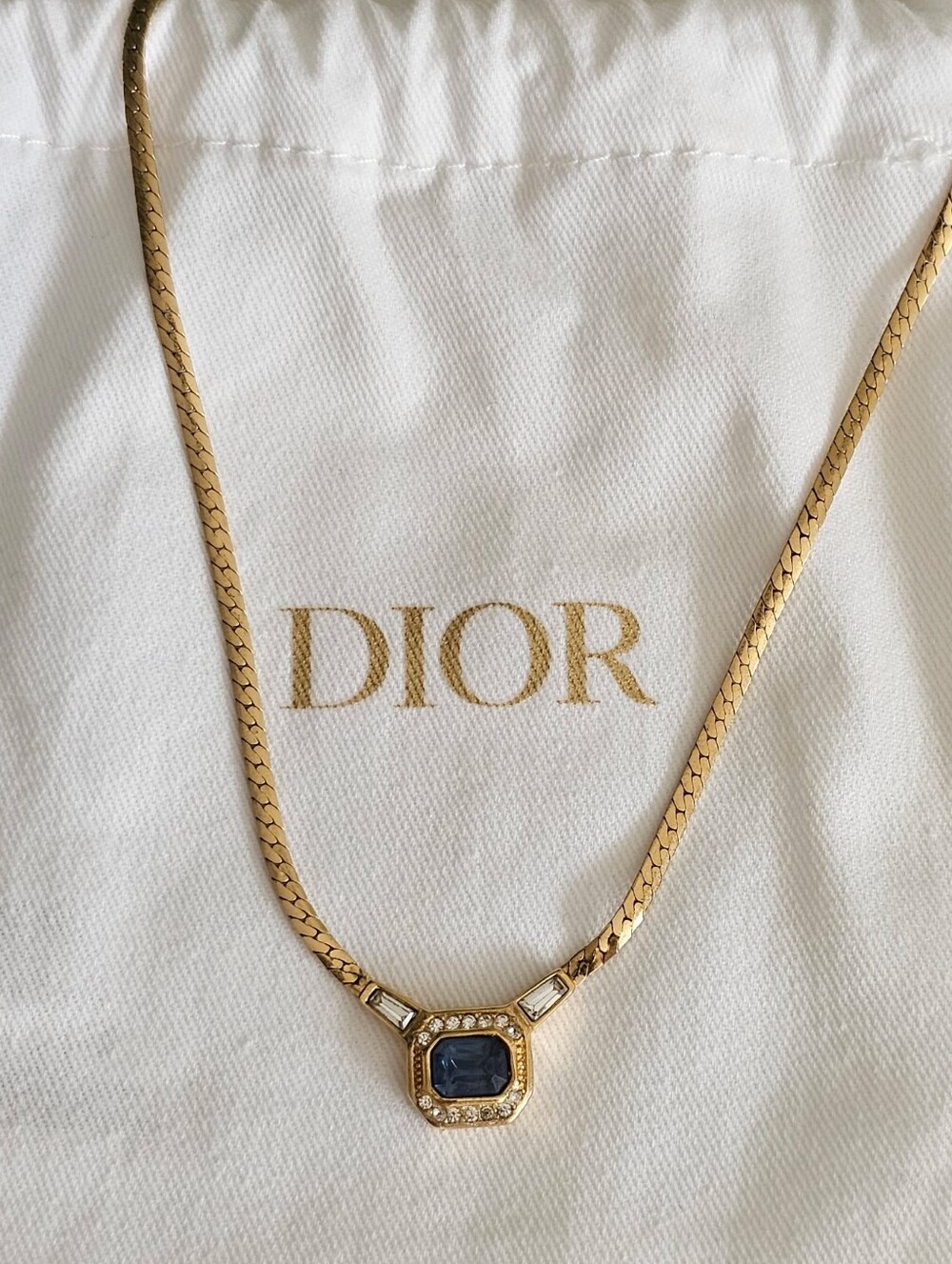 Vintage Dior Gold Necklace with Blue Stone and Clear Accents